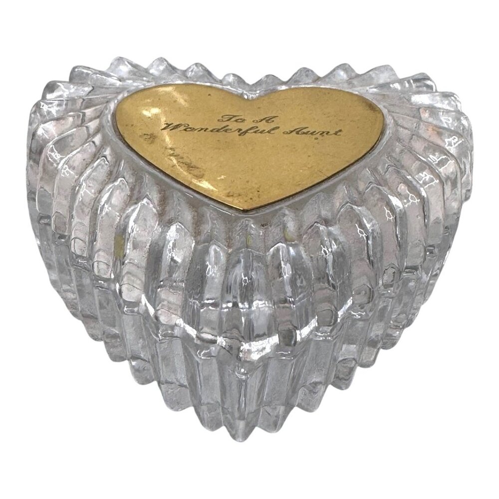 Heart Shaped Crystal Trinket Dish Box Gold Engraved To A Great Aunt Gift Vintage